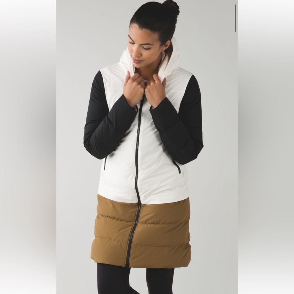 EE. Lululemon $298 Cold As Fluff Parka Angel Wing / Camel / Black 6